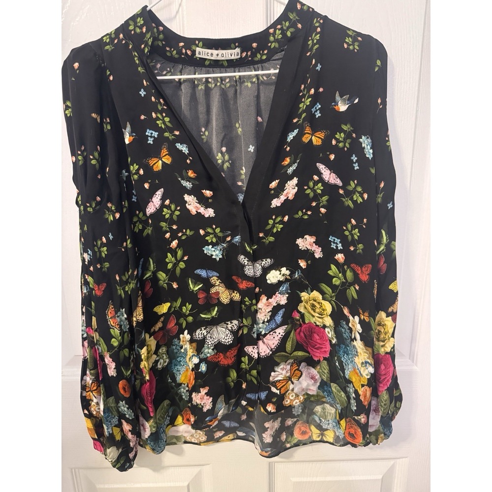 Alice And Olivia Helen Blouson Sleeve Women's S Butterflies Black Colorful